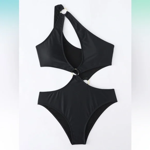 Sexy Swimsuit Cutout Halter One Piece High Cut Bathing Suit Gold Ring Bikini - Picture 3 of 11